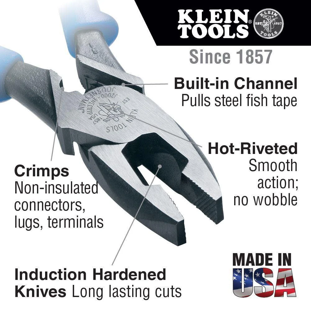 Klein Tools J2000-9NECRTP Side Cutter Linemans Pliers with Tape Pulling and Wire Crimping, High Leverage, 9-Inch - Image 2