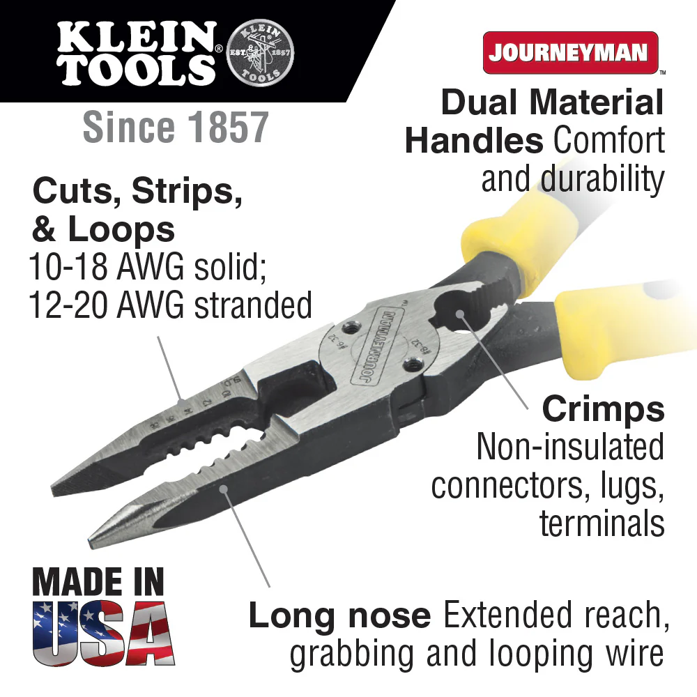 Klein Tools J207-8CR Needle Nose Pliers are All-Purpose Linesman Pliers, Made in USA, Crimping, Looping, Cutting, Stripping, Crimping, Shearing - Image 2