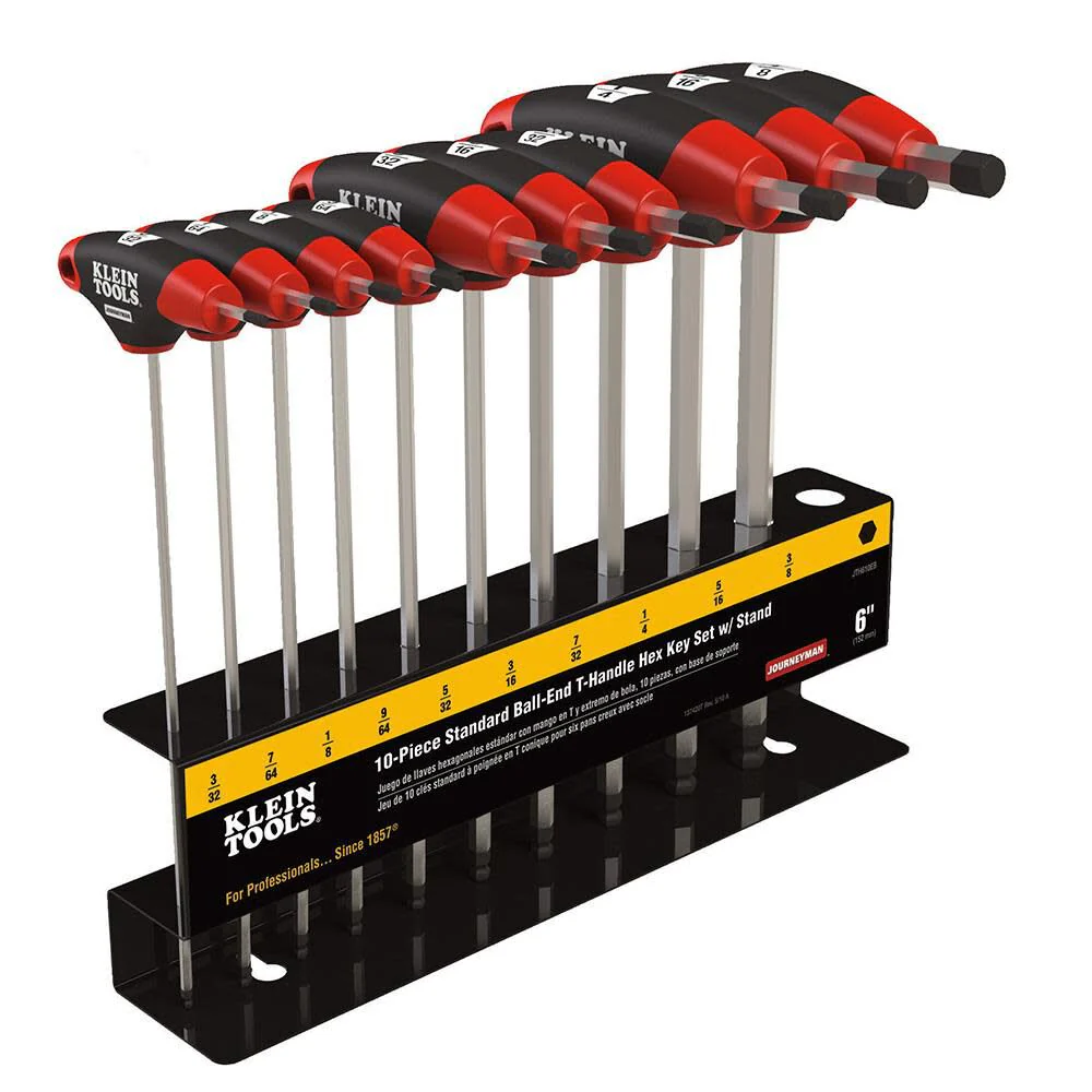 Klein Tools JTH610EB Ball End T-Handle Hex Key Set, SAE Inch Sizes Allen Wrench Set with 6-Inch Blades, Stand Included, 10-Piece