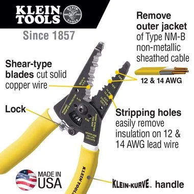 Klein Tools K1412 Wire Cutter / Wire Stripper, Made in USA, Dual NM Cable Stripper / Cutter Cuts Solid Copper Wire, Strips 12 and 14 AWG Solid Wire - Image 2