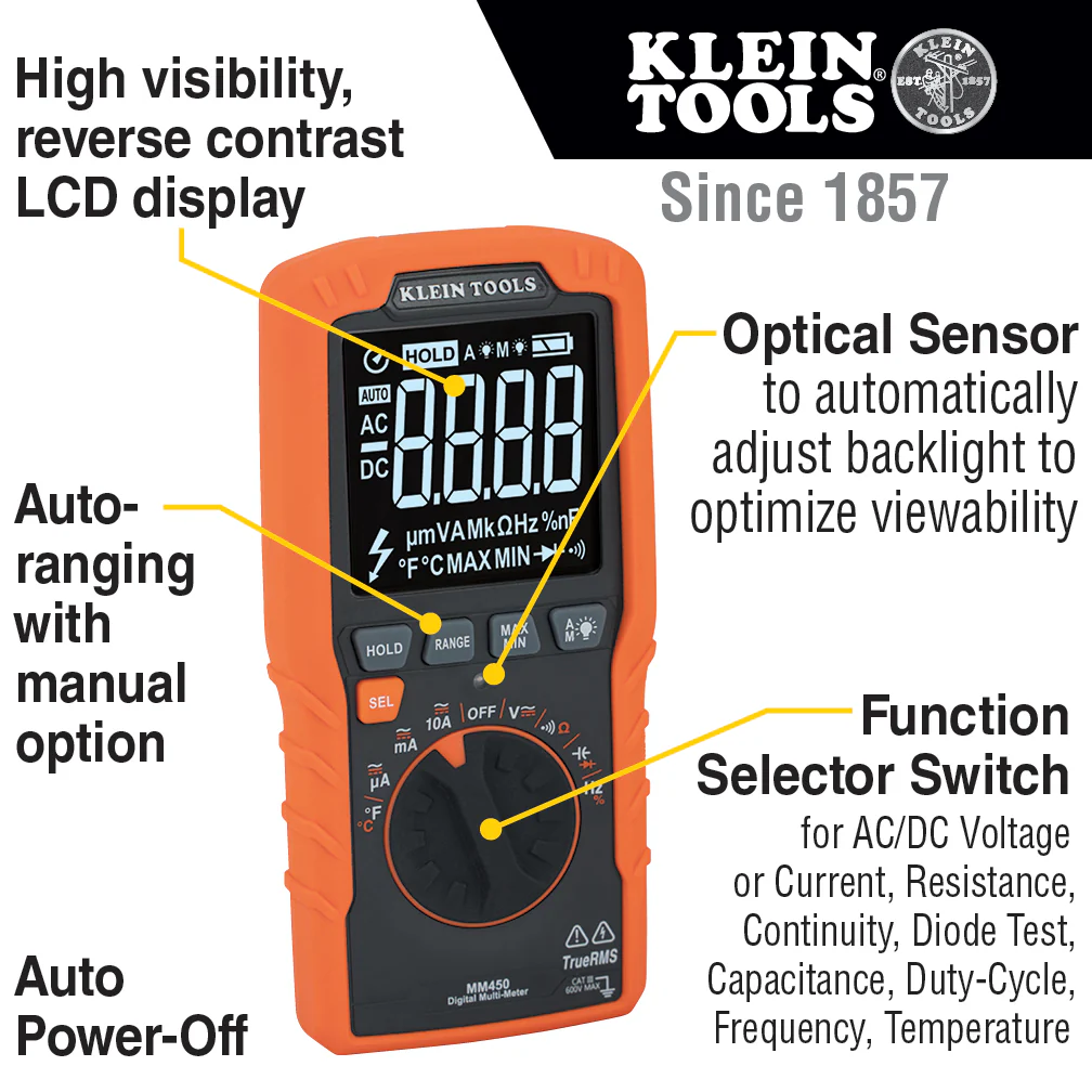 Klein Tools MM450 Slim Digital Multimeter, Reverse Contrast Display with Lead Alert, Auto-Ranging TRMS, 600V AC/DC Voltage, Current, Resistance, Temp, Frequency, Continuity - Image 2