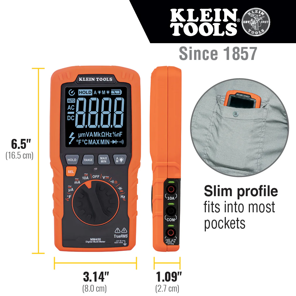 Klein Tools MM450 Slim Digital Multimeter, Reverse Contrast Display with Lead Alert, Auto-Ranging TRMS, 600V AC/DC Voltage, Current, Resistance, Temp, Frequency, Continuity - Image 3