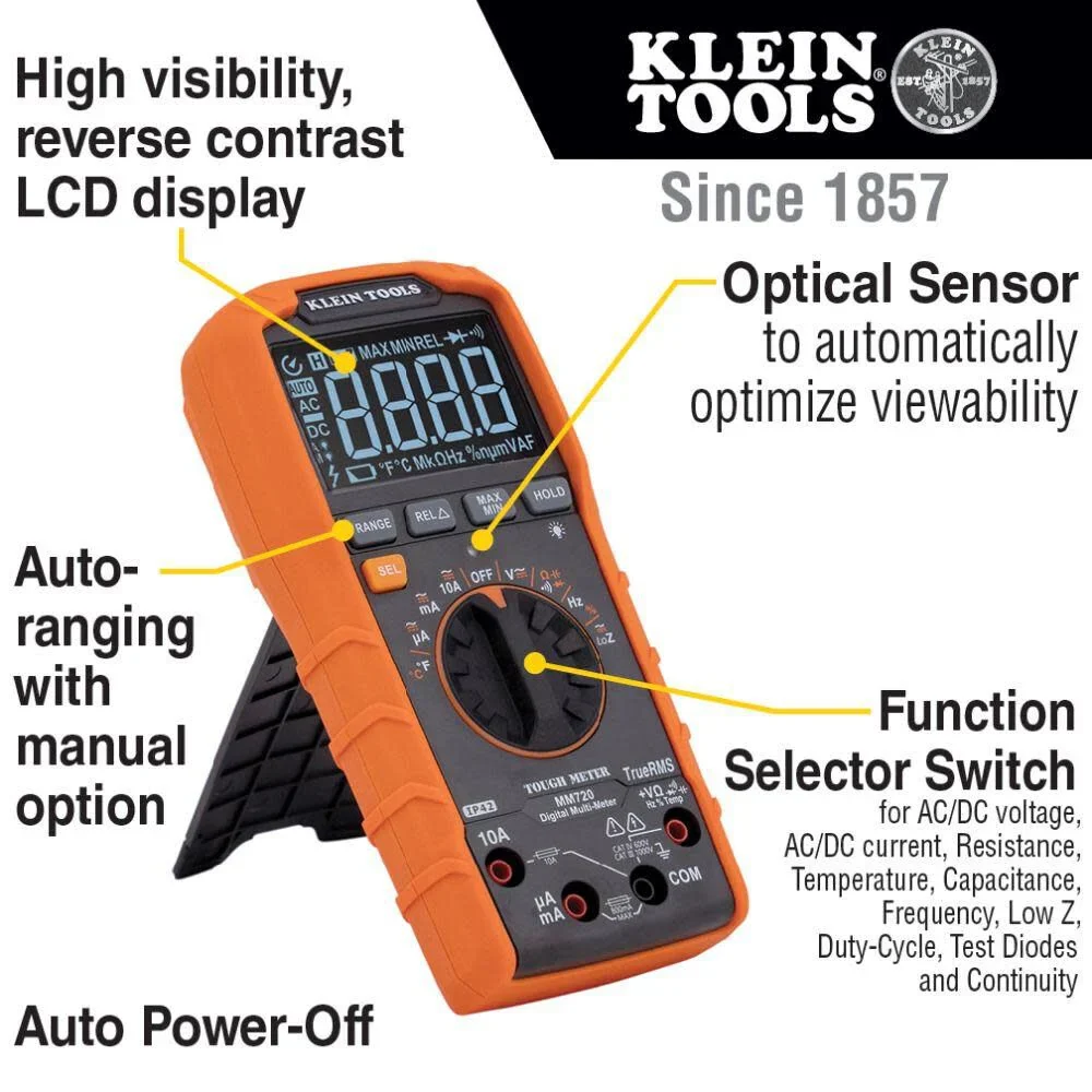 Klein Tools MM720 Digital Multimeter, Auto-Ranging TRMS, Low Impedance (LoZ), 1000V AC/DC Voltage, 10A AC/DC Current, 60 MOhms Resistance - Image 3