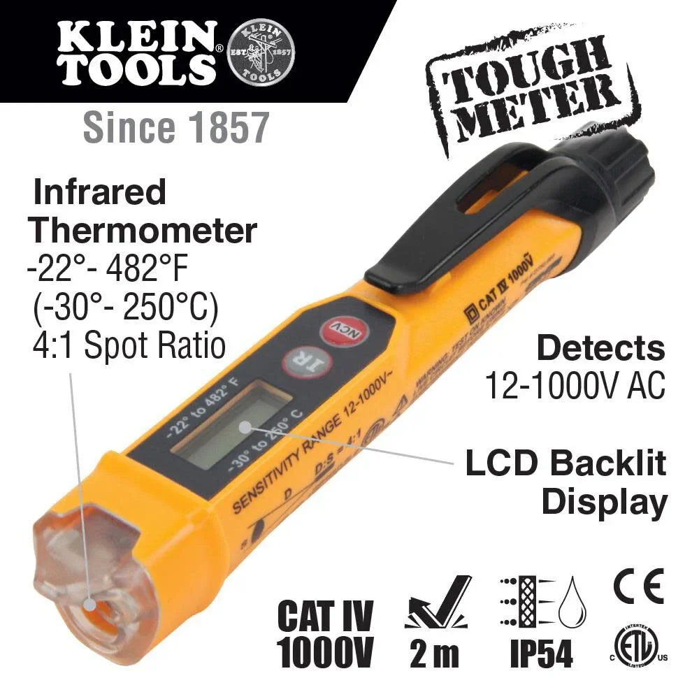 Klein Tools NCVT-4IR Non-Contact Volt Tester, 12 - 1000V AC Pen with IR Thermometer -22 to 482 deg F, LED and Audible Alarms, Pocket Clip - Image 2