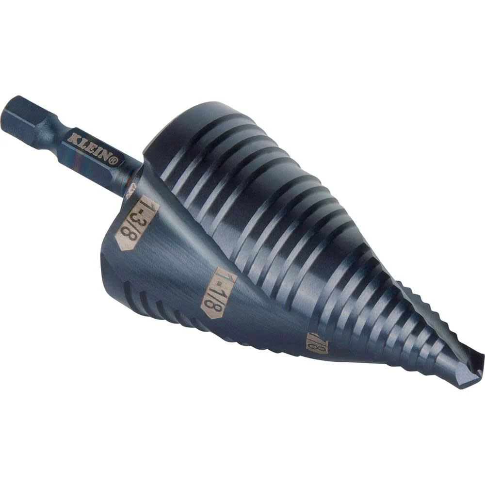 Klein Tools QRST15 Step Drill Bit, Quick Release Spiral Double-Fluted, 7/8 to 1-3/8-Inch, Hex Shank, Cut Steel, Wood, Plastic, Aluminum - Image 10