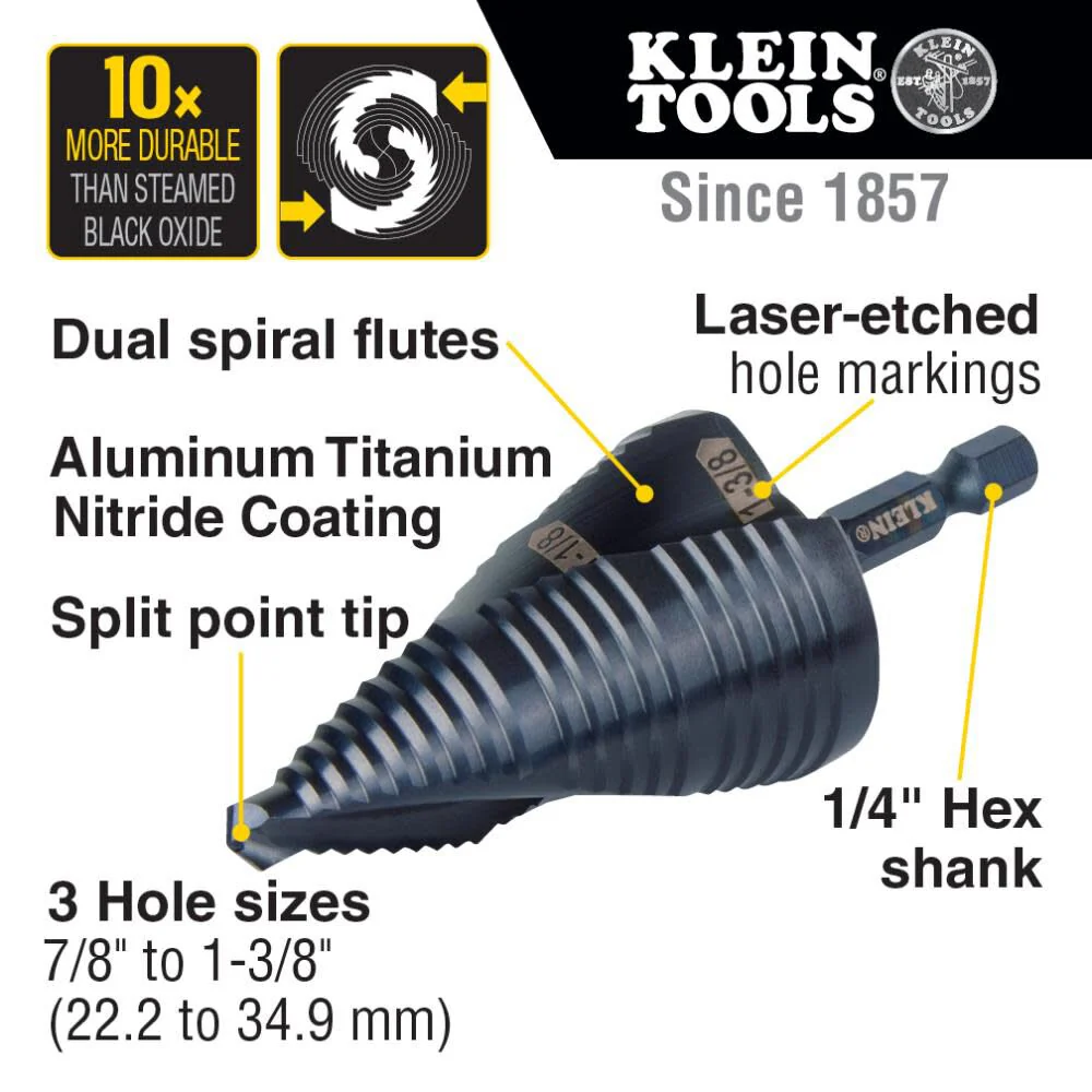 Klein Tools QRST15 Step Drill Bit, Quick Release Spiral Double-Fluted, 7/8 to 1-3/8-Inch, Hex Shank, Cut Steel, Wood, Plastic, Aluminum - Image 2