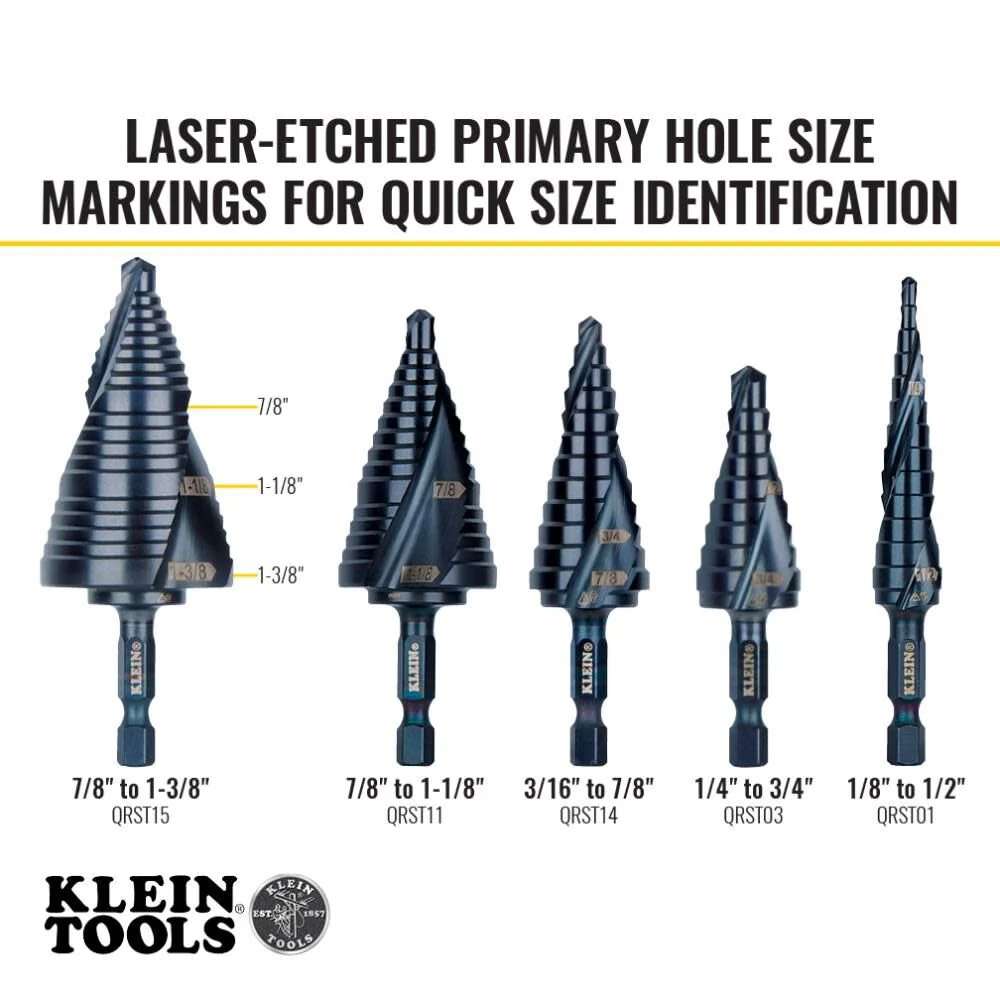 Klein Tools QRST15 Step Drill Bit, Quick Release Spiral Double-Fluted, 7/8 to 1-3/8-Inch, Hex Shank, Cut Steel, Wood, Plastic, Aluminum - Image 3
