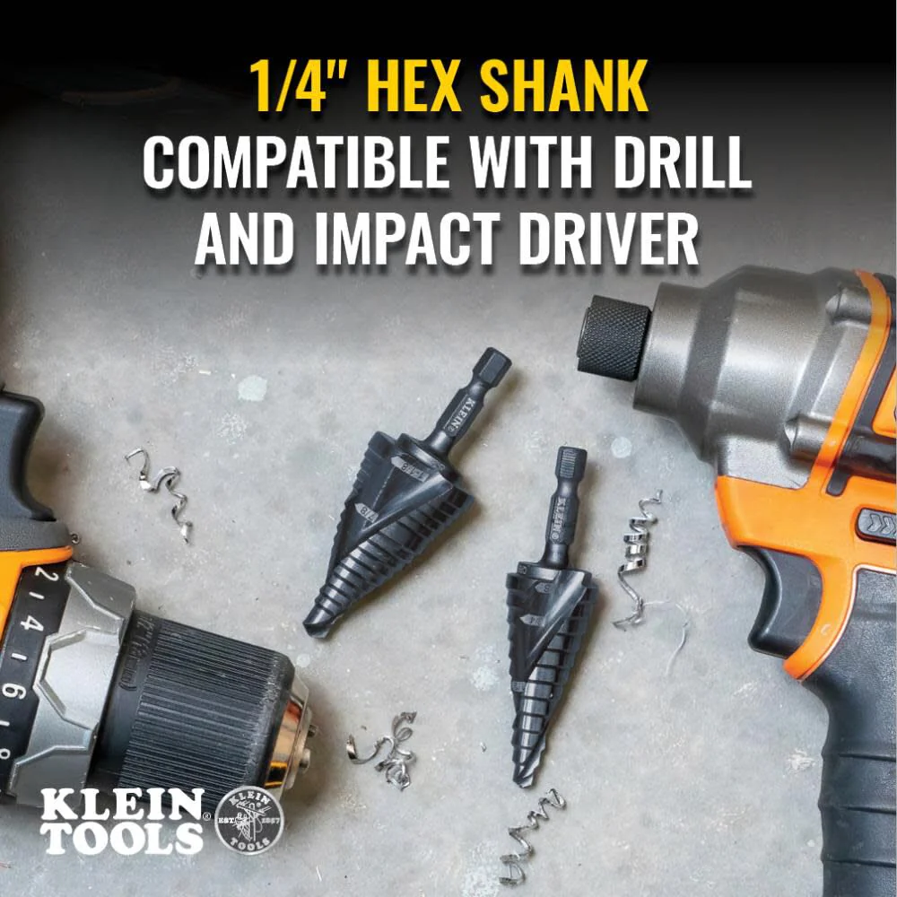 Klein Tools QRST15 Step Drill Bit, Quick Release Spiral Double-Fluted, 7/8 to 1-3/8-Inch, Hex Shank, Cut Steel, Wood, Plastic, Aluminum - Image 4