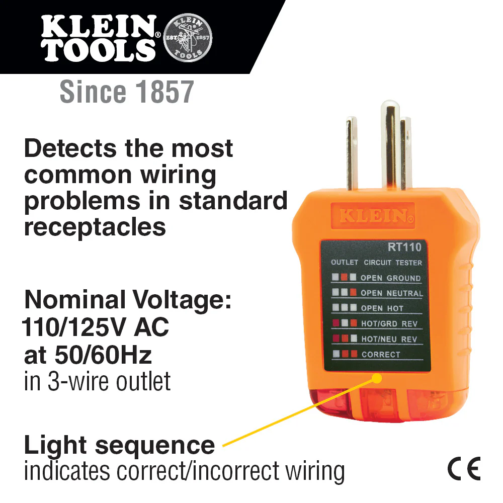Klein Tools RT110 Outlet Tester, AC Electrical Receptacle Tester for North American Outlets - Image 2