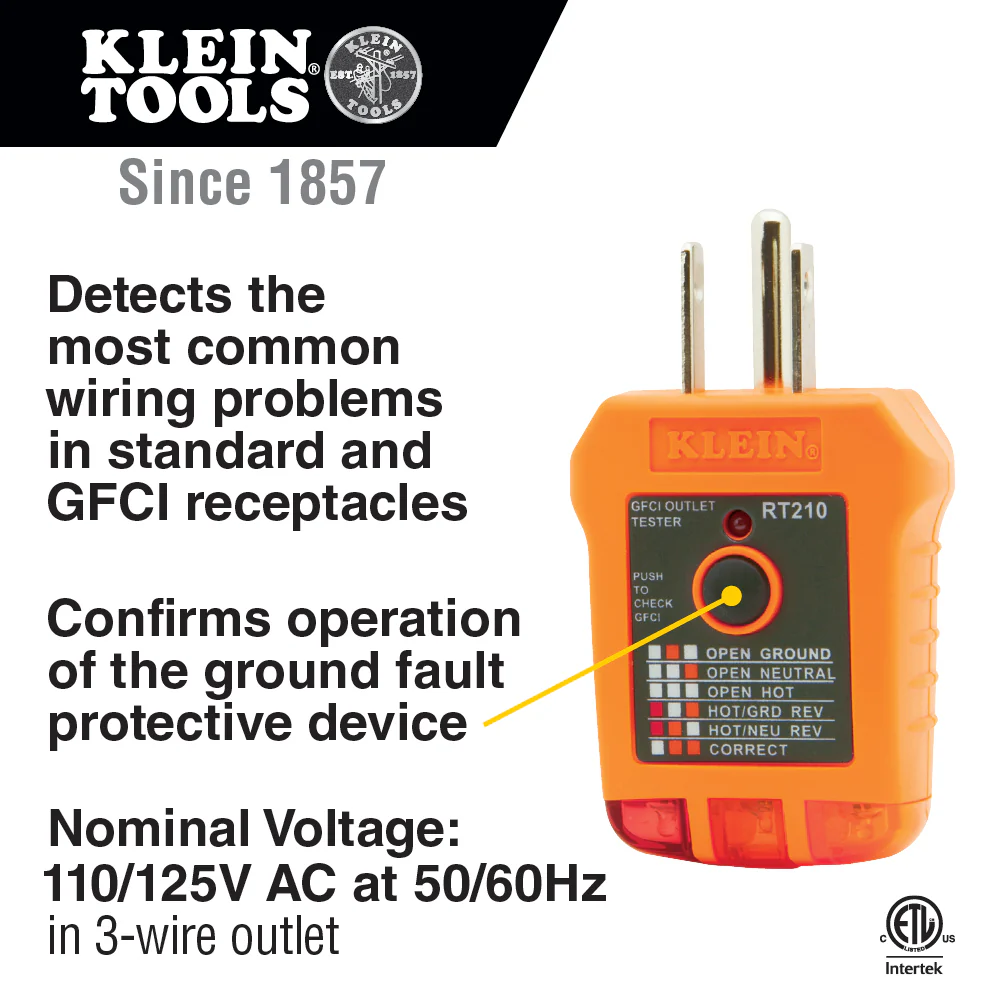 Klein Tools RT210 Outlet Tester, Receptacle Tester for GFCI / Standard North American AC Electrical Outlets, Detects Common Wiring Problems - Image 2