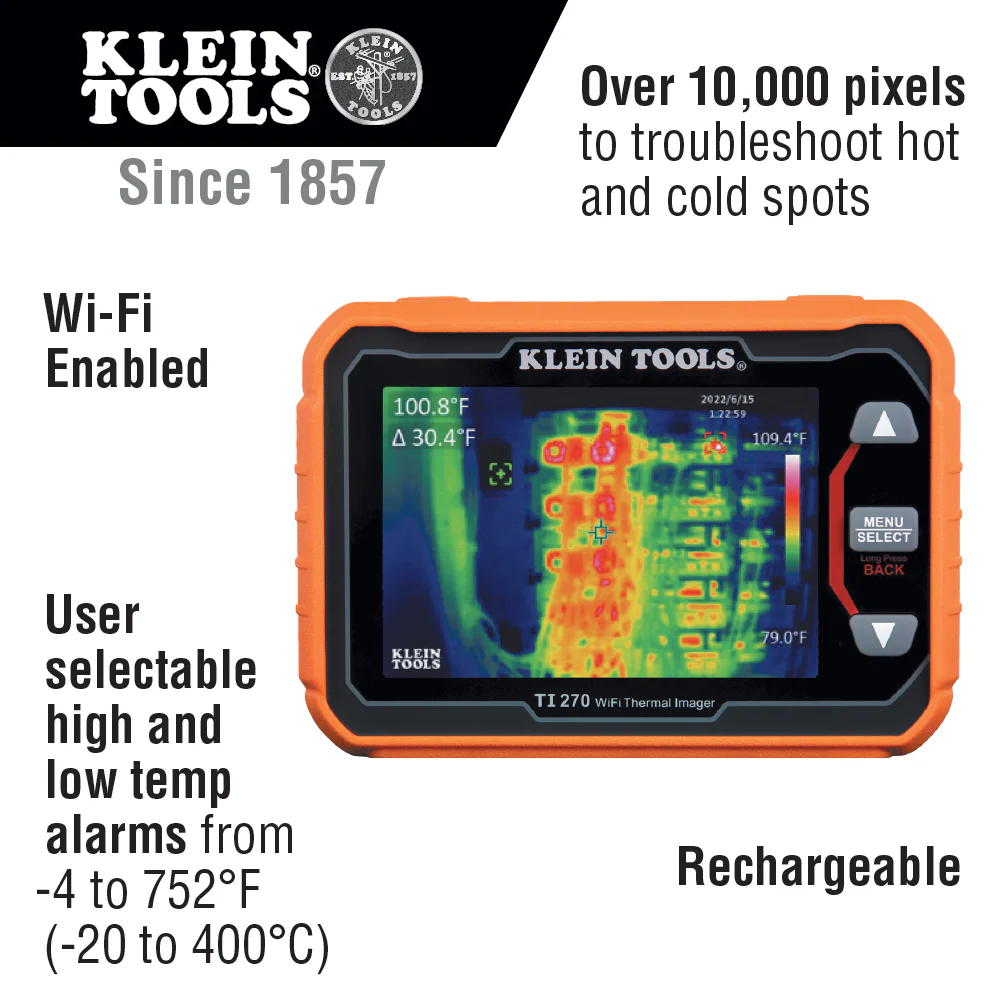 Klein Tools TI270 Rechargeable Thermal Imaging Camera, Over 10000 Pixels, Wi-Fi Data Transfer, 3 Palettes, High / Low Temperature Points - Image 4