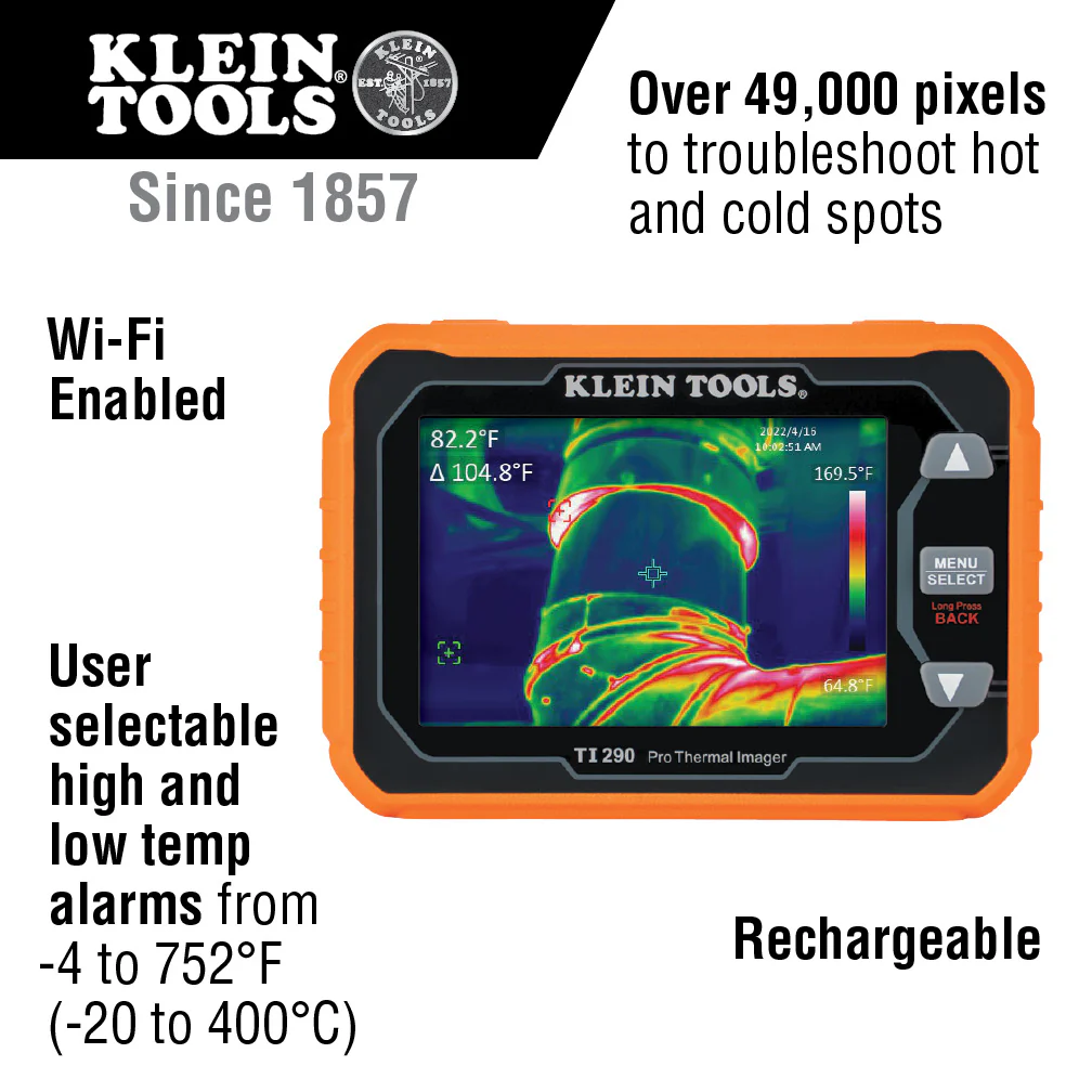 Klein Tools TI290 Rechargeable PRO Thermal Imaging Camera, Over 49000 Pixels, Wi-Fi Data Transfer, 3 Palettes, High / Low Temperature Points - Image 3