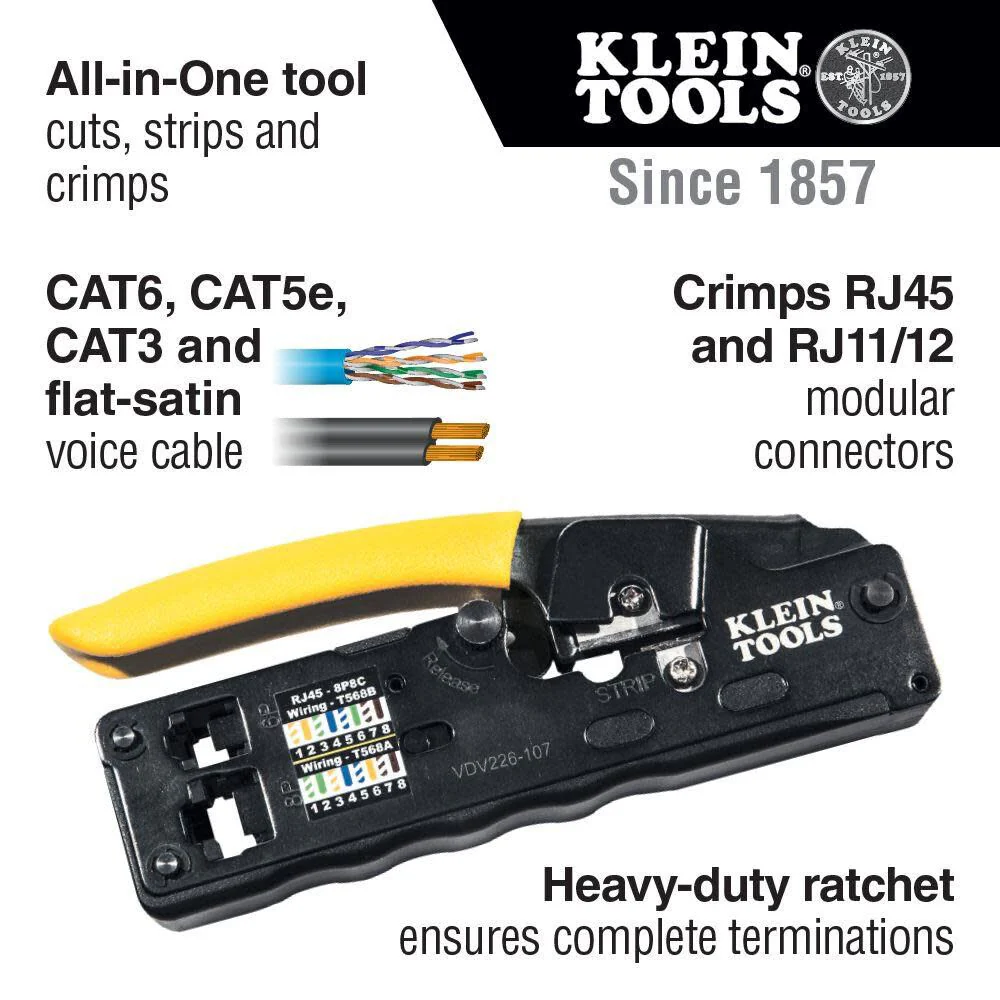 Klein Tools VDV226-107 Compact Ratcheting Modular Data Cable Crimper / Wire Stripper / Wire Cutter, CAT6, CAT5, CAT3, Flat-Satin Voice Cable - Image 2