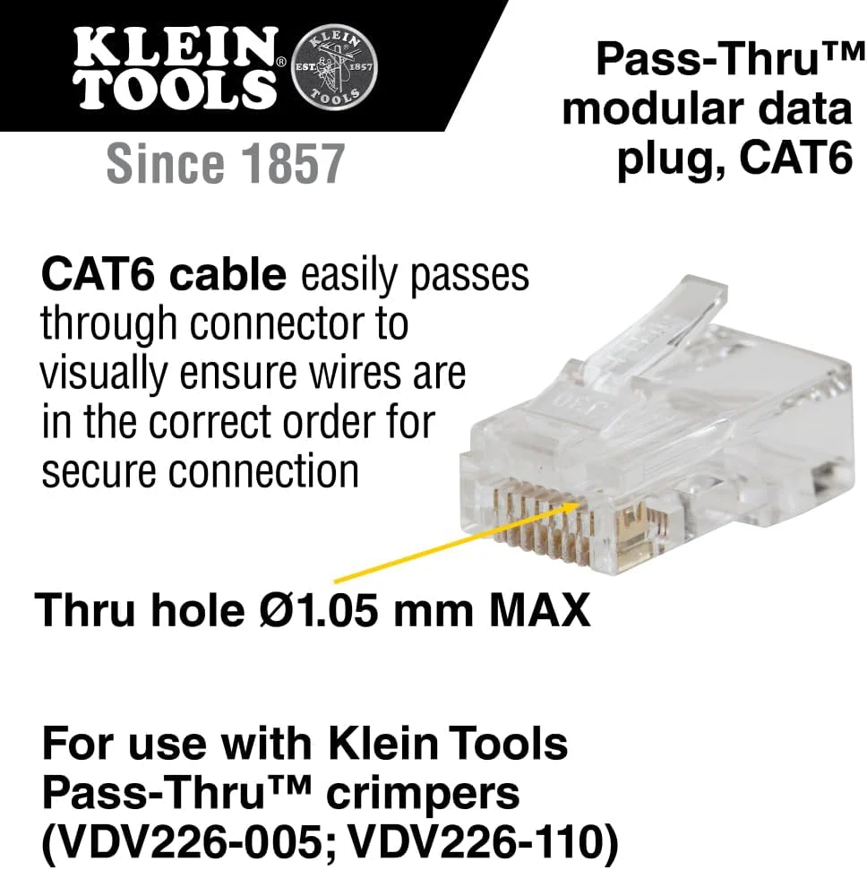 Klein Tools VDV826-729 Pass-Thru Modular Data Plugs RJ45-CAT6 (Pack of 10) - Image 2