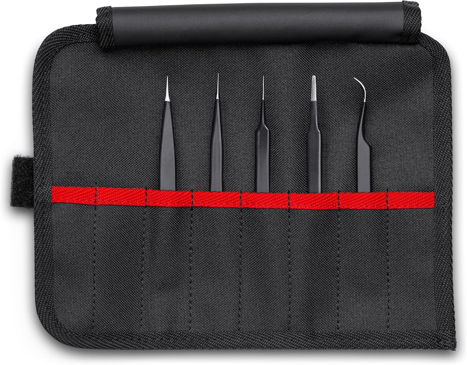 KNIPEX Tools 92 00 01 ESD 5 Pc Stainless Steel Tweezers Set in Tool Roll-ESD, Black - Image 3