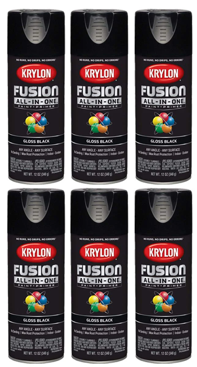 Krylon K02732007 Black Fusion All-In-One Paint & Primer Spray Paint, Satin, 12 oz (Pack of 6)