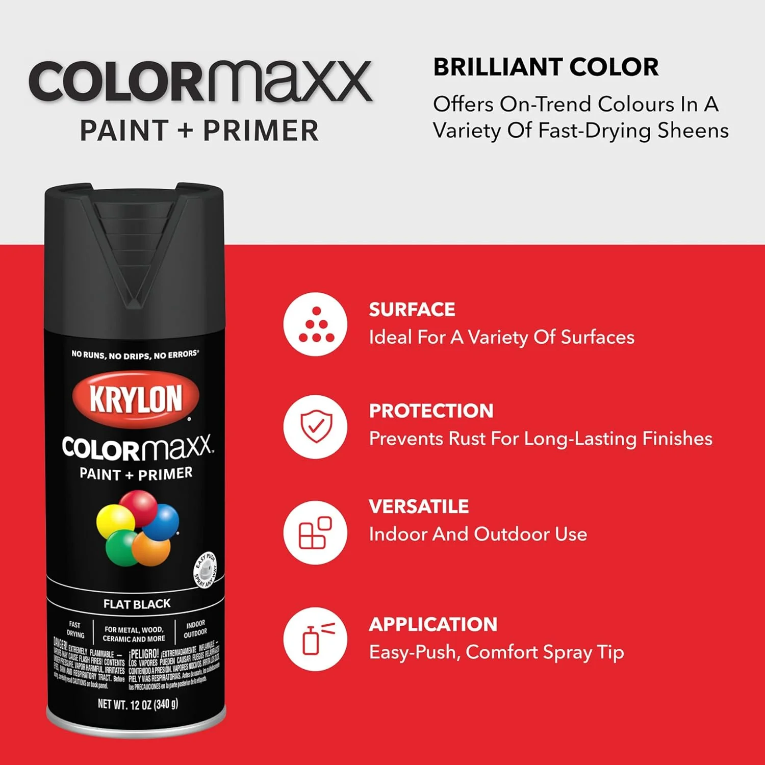 Krylon K05546007 COLORmaxx Spray Paint and Primer for Indoor/Outdoor Use, Flat Black, 12 Ounce (Pack of 1) - Image 8