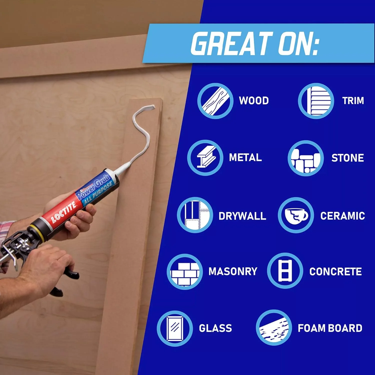 Loctite Power Grab Express All Purpose Construction Adhesive, 9 fl oz Cartridge, Versatile Construction Glue for Cement, Tile, Wall & More (Pack of 12) - Image 3
