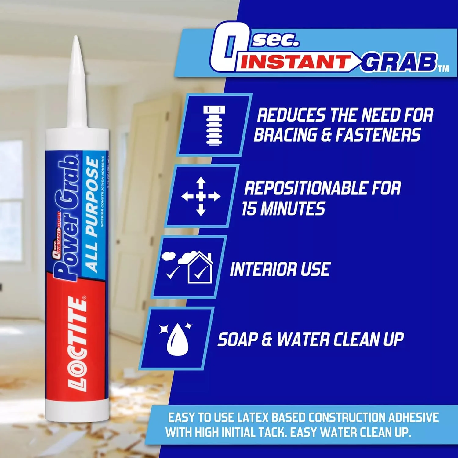 Loctite Power Grab Express All Purpose Construction Adhesive, 9 fl oz Cartridge, Versatile Construction Glue for Cement, Tile, Wall & More (Pack of 12) - Image 5