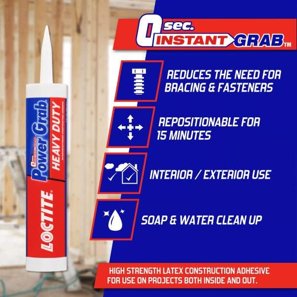 Loctite 2032666 Power Grab Express Heavy Duty Construction Adhesive, 9 fl oz Cartridge, Versatile Construction Glue for Cement, Tile, Wall & More (Pack of 12) - Image 5