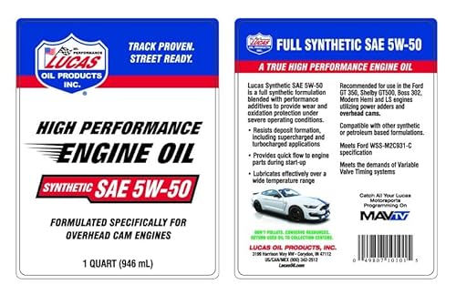 Lucas Oil 10101 Synthetic SAE 5w50 Oil, 1 Quart, 1 Pack - Image 2