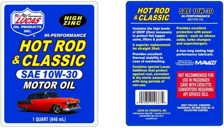 Lucas Oil 10687 Hot Rod & Classic Car SAE 10W-30 Motor Oil, 1 Quart (Pack of 6) - Image 2