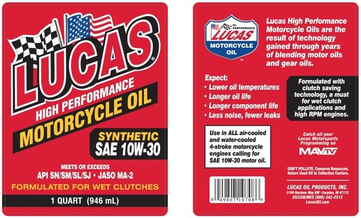 Lucas Oil 10708 High Performance Synthetic SAE 10W-30 Motorcycle Oil, 1 Quart (Pack of 6) - Image 2