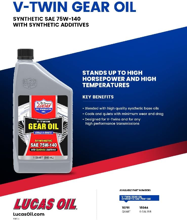 Lucas Oil 10791 Synthetic SAE 75W-140 V-Twin Gear Oil, 1 Quart - Image 3