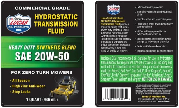 Lucas Oil 11300 Synthetic Blend SAE 20W-50 Hydrostatic Transmission Fluid - 1 Quart - Image 3