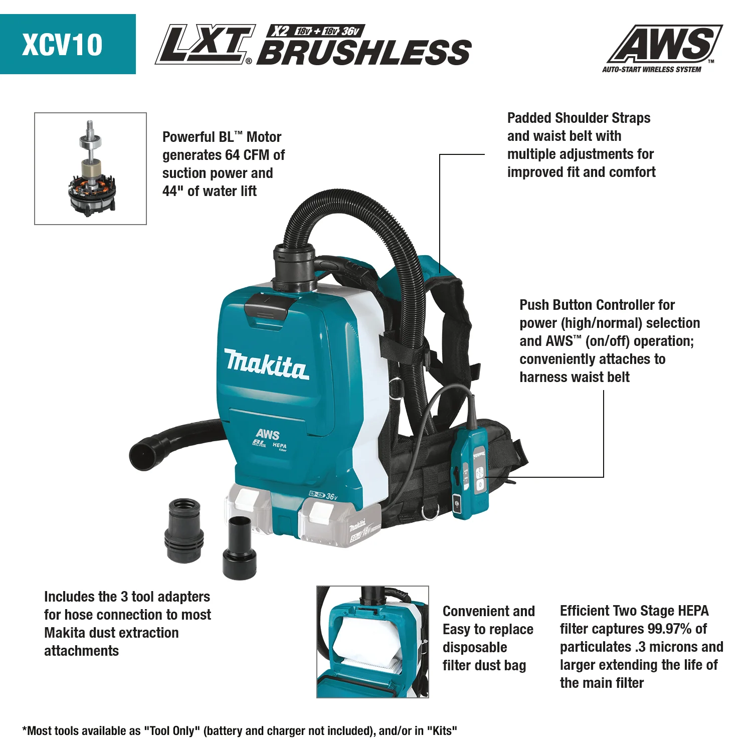 Makita (XCV10ZX) 18V (X2 36V) LXT 1/2 Gallon HEPA Backpack Dry Dust Extractor (Bare Tool) - Image 2