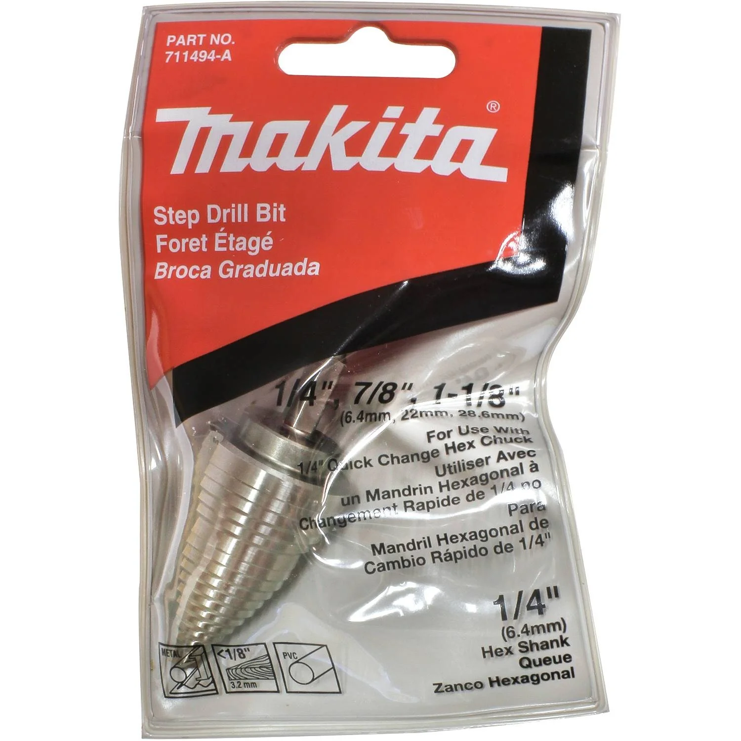 Makita 1/4" - 1-1/8" H.S.S. Step Drill Bit, 1/4" Hex Shank - Image 2