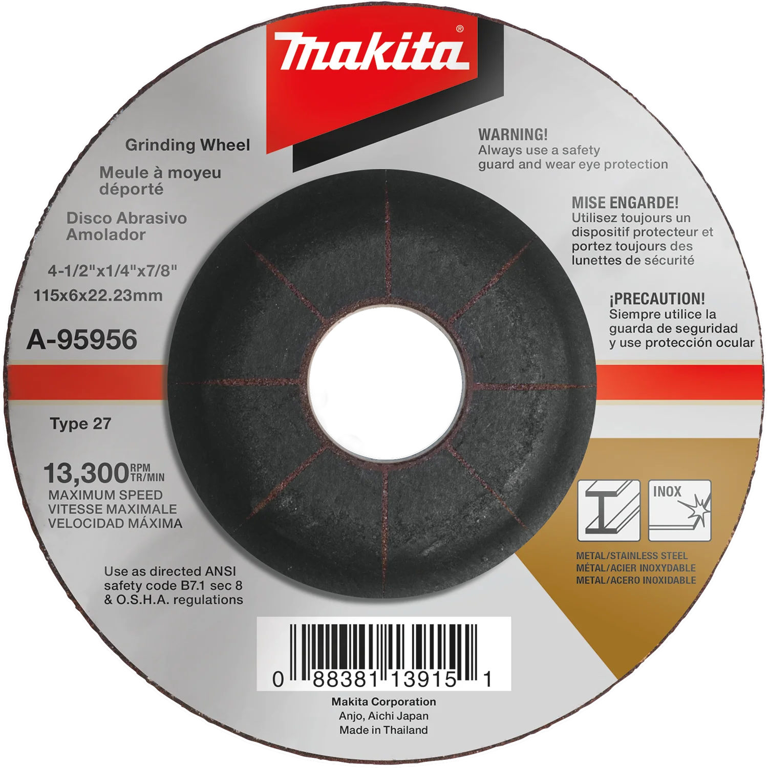 Makita A-95956 4‑1/2" X 1/4" X 7/8" INOX Grinding Wheel, 36 Grit
