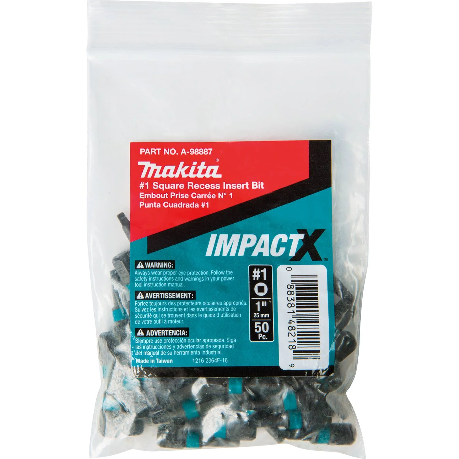 Impact X #1 Square Recess 1″ Insert Bit, 50/pk, Bulk
