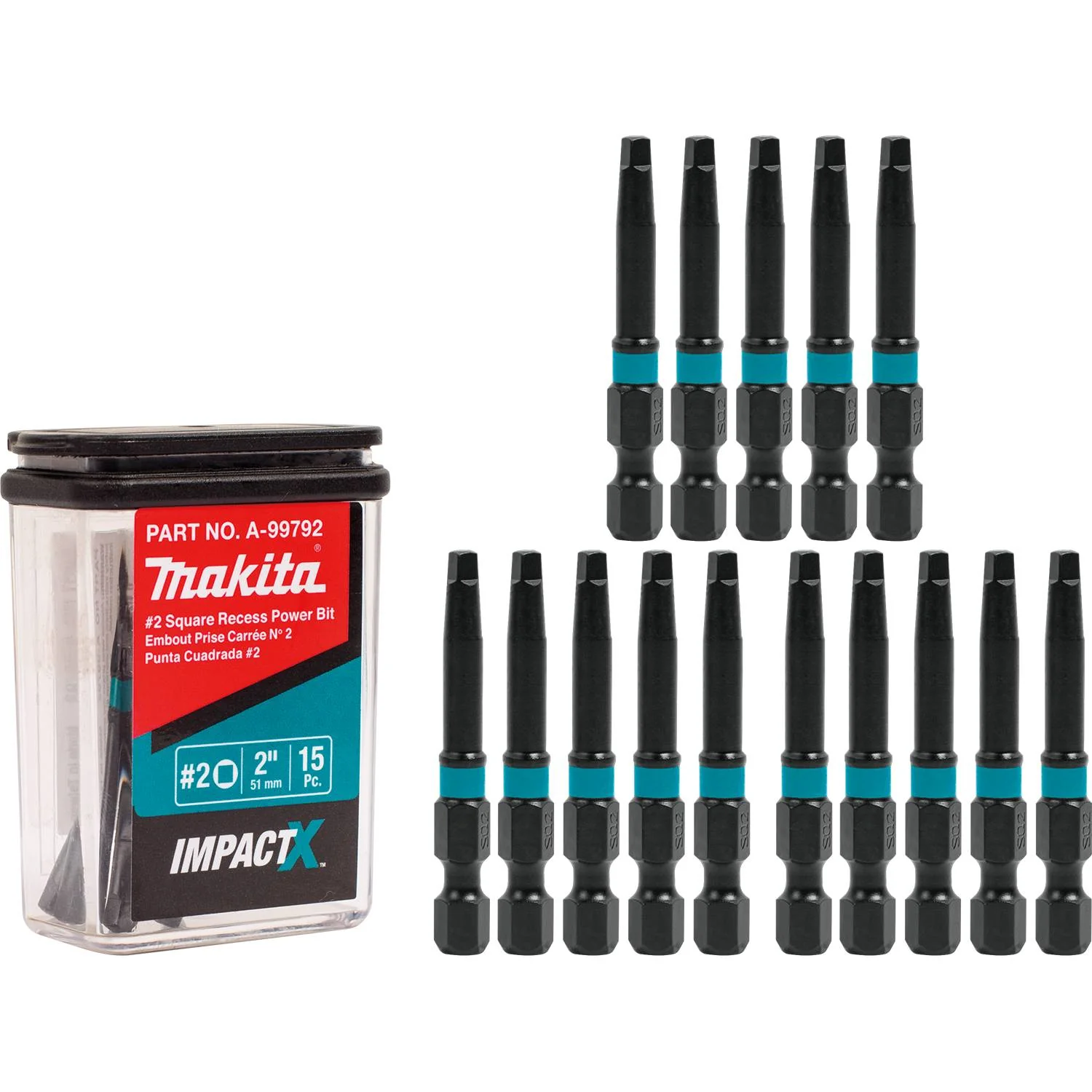 Makita A-99792 Impact X #2 Square Recess 2″ Power Bit (15-Pack)