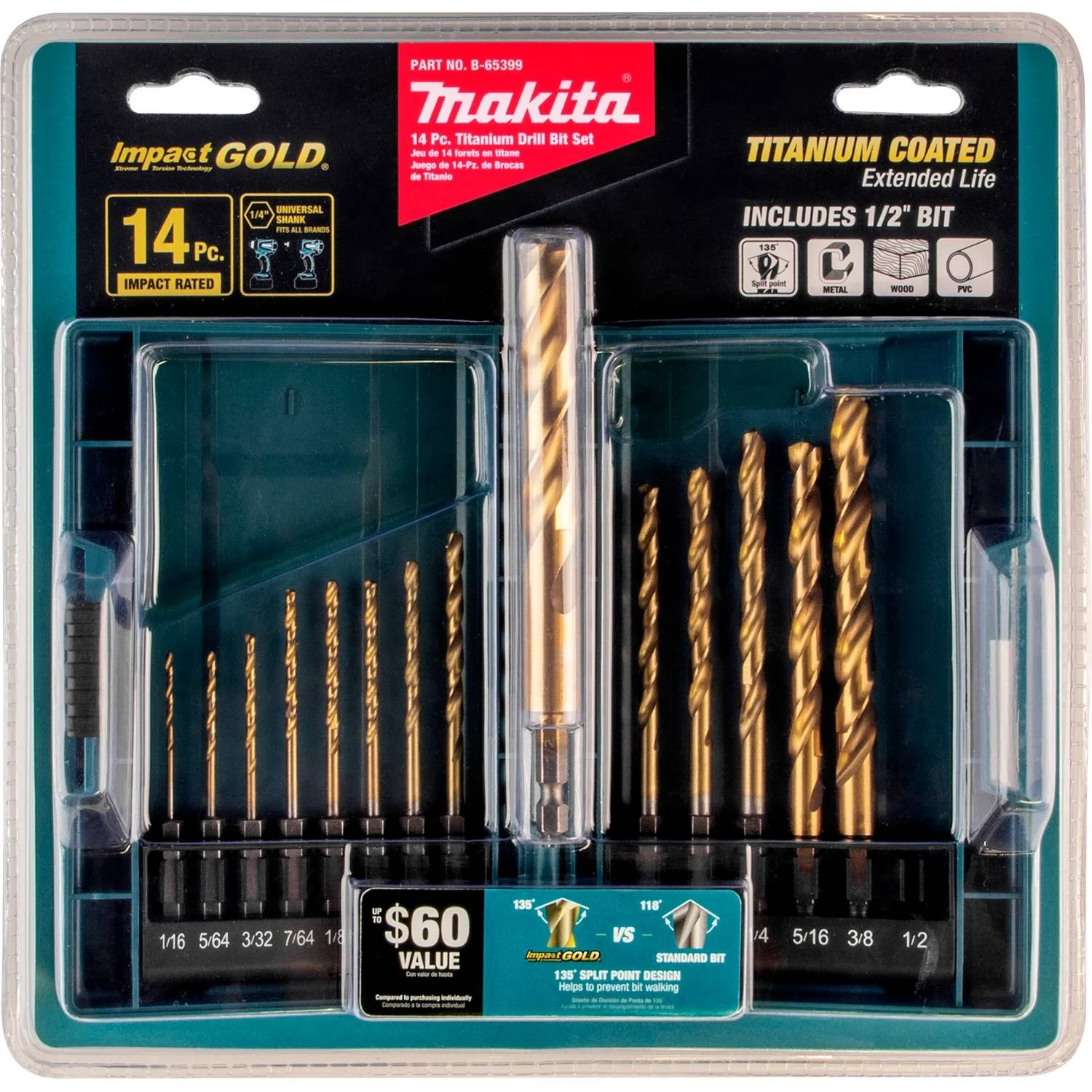 Makita Impact GOLD 14 Pc. Titanium Drill Bit Set 1/4in Hex Shank - Image 3