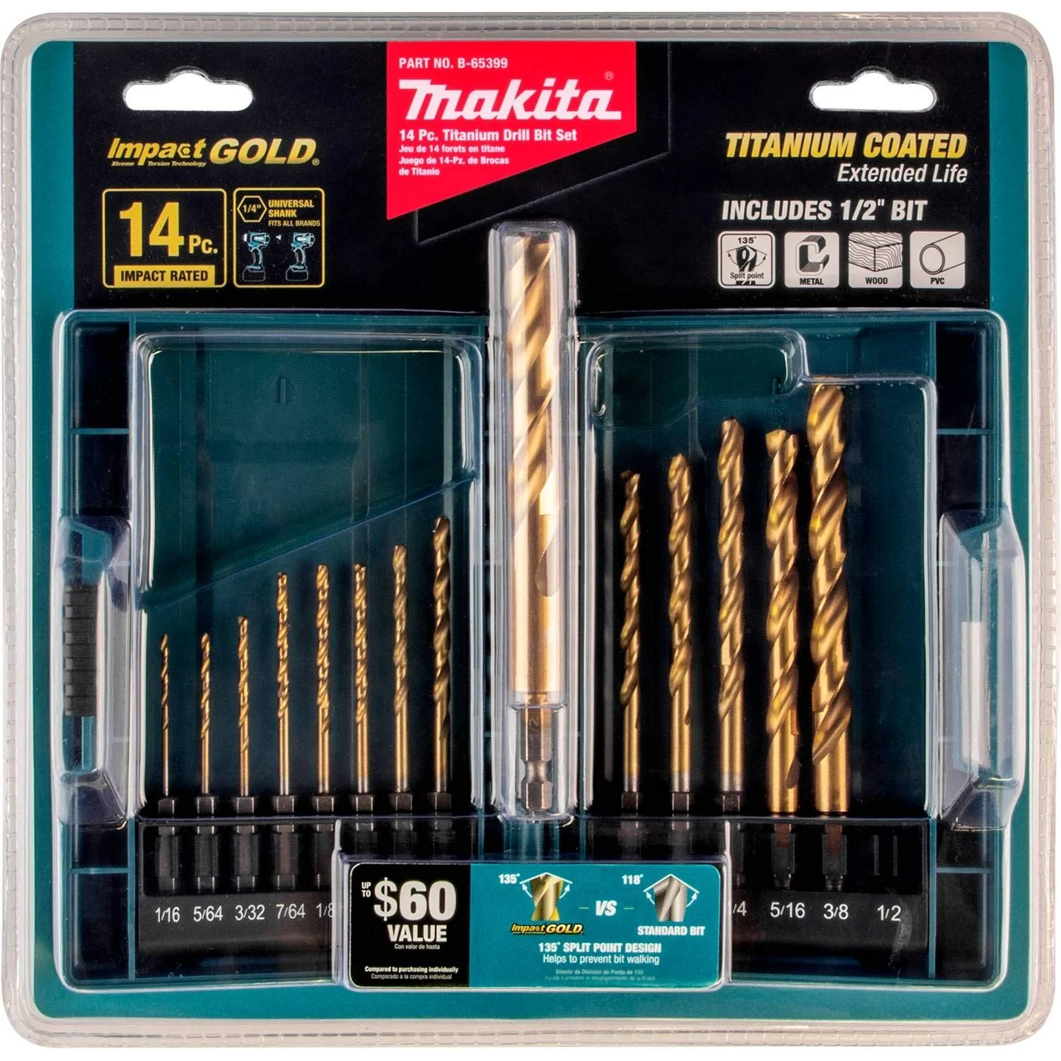 Makita Impact Gold 14 Pc. (B-65399)Titanium Drill Bit Set, 1/4 In. Hex Shank - Image 3