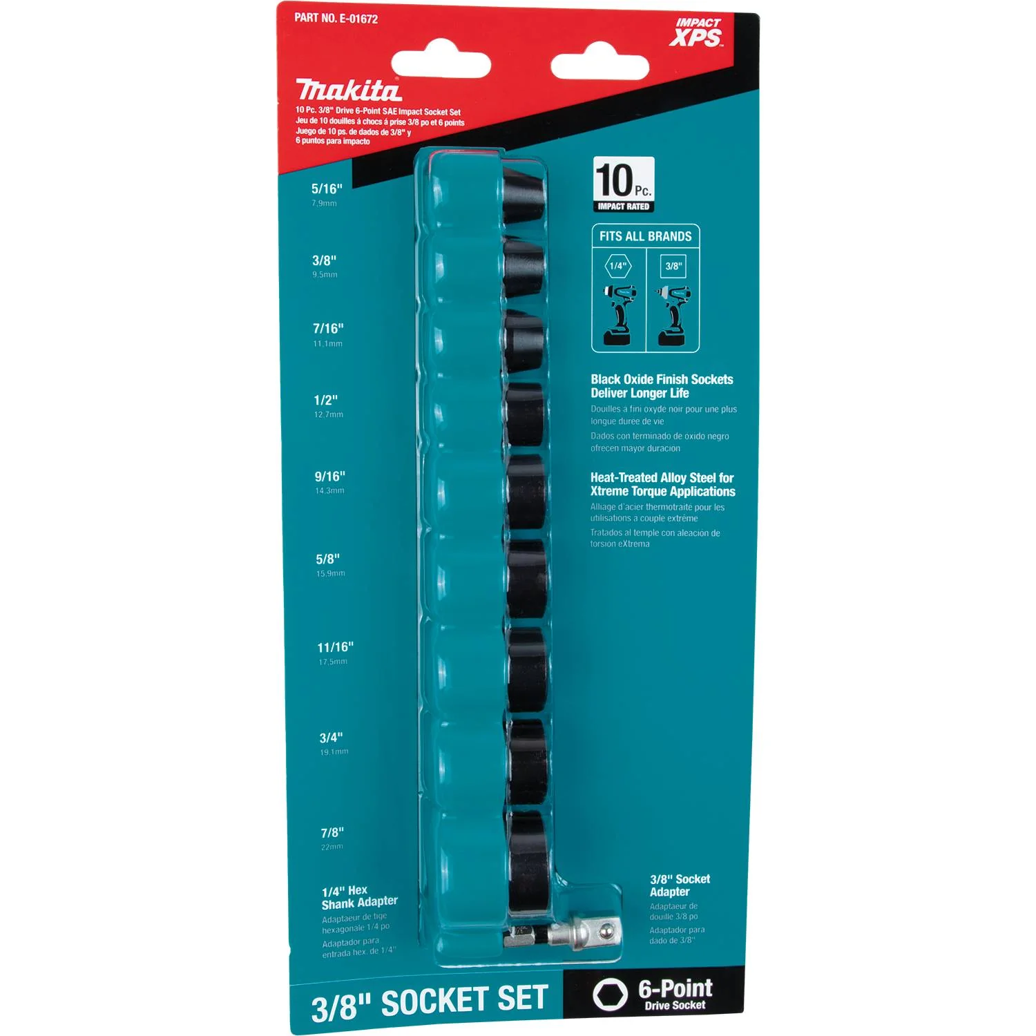 Makita (E-01672) Impact XPS 10 Pc. 3/8" Drive 6-Point SAE Impact Socket Set w/ Standard Socket Adapter - Image 2
