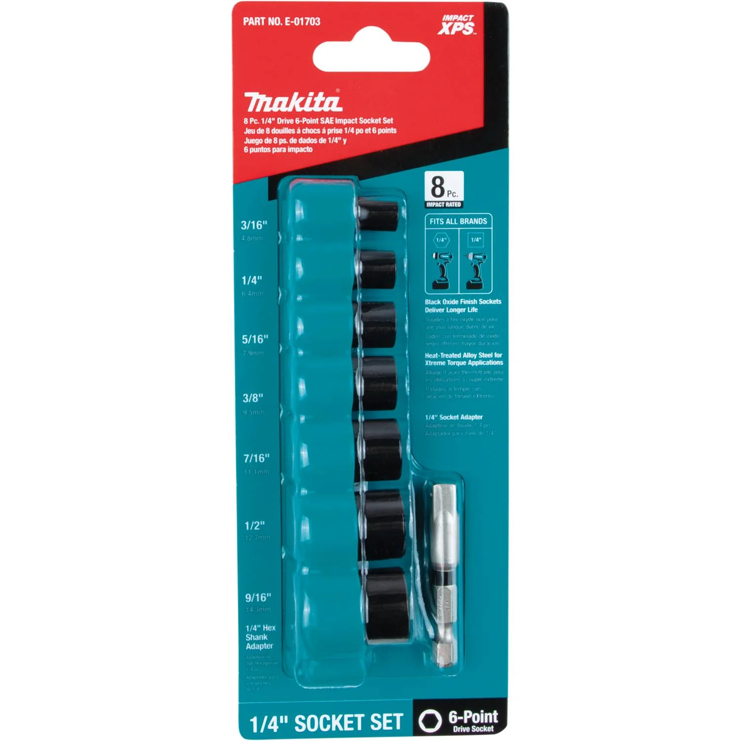 Makita E-01703 - Impact XPS 8 Pc. 1/4" Drive 6-Point SAE Impact Socket Set w/ Standard Socket Adapter - Image 3