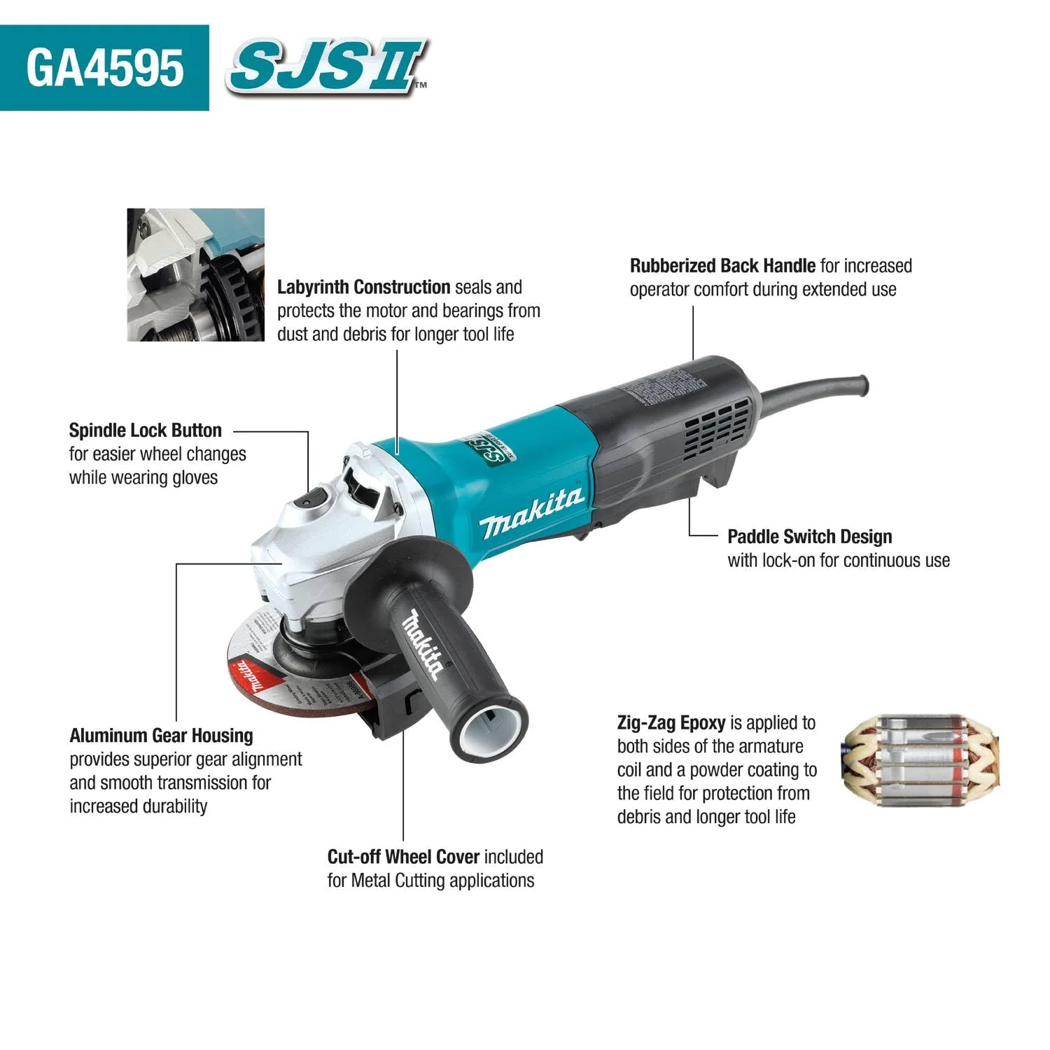 Makita GA4595 4-1/2" SJSII High-Power Angle Grinder, Paddle Switch - Image 2