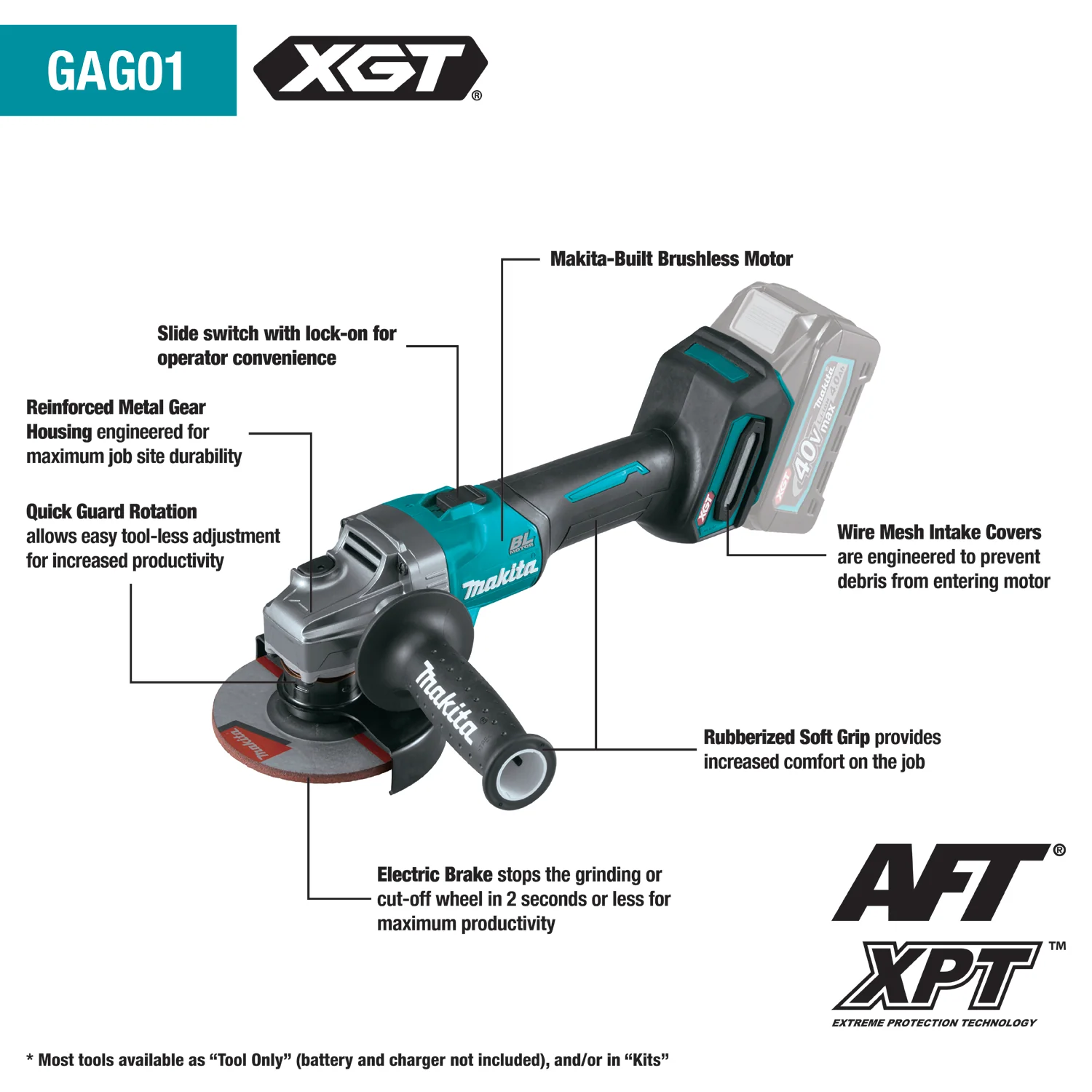 Makita GAG01M1 40V Max XGT Brushless Cordless 4‑1/2” / 5" Angle Grinder Kit, with Electric Brake (4.0Ah) - Image 4