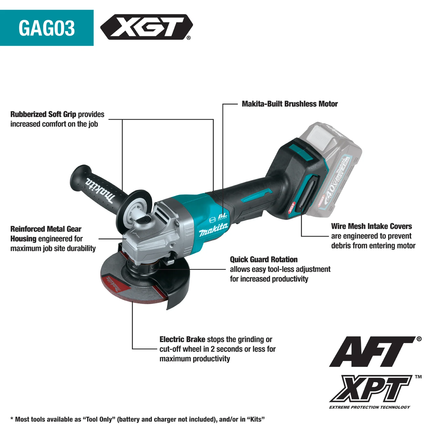 Makita GAG03Z 40V Max XGT Brushless Cordless 4‑1/2” / 5" Paddle Switch Angle Grinder, with Electric Brake (Bare Tool) - Image 2