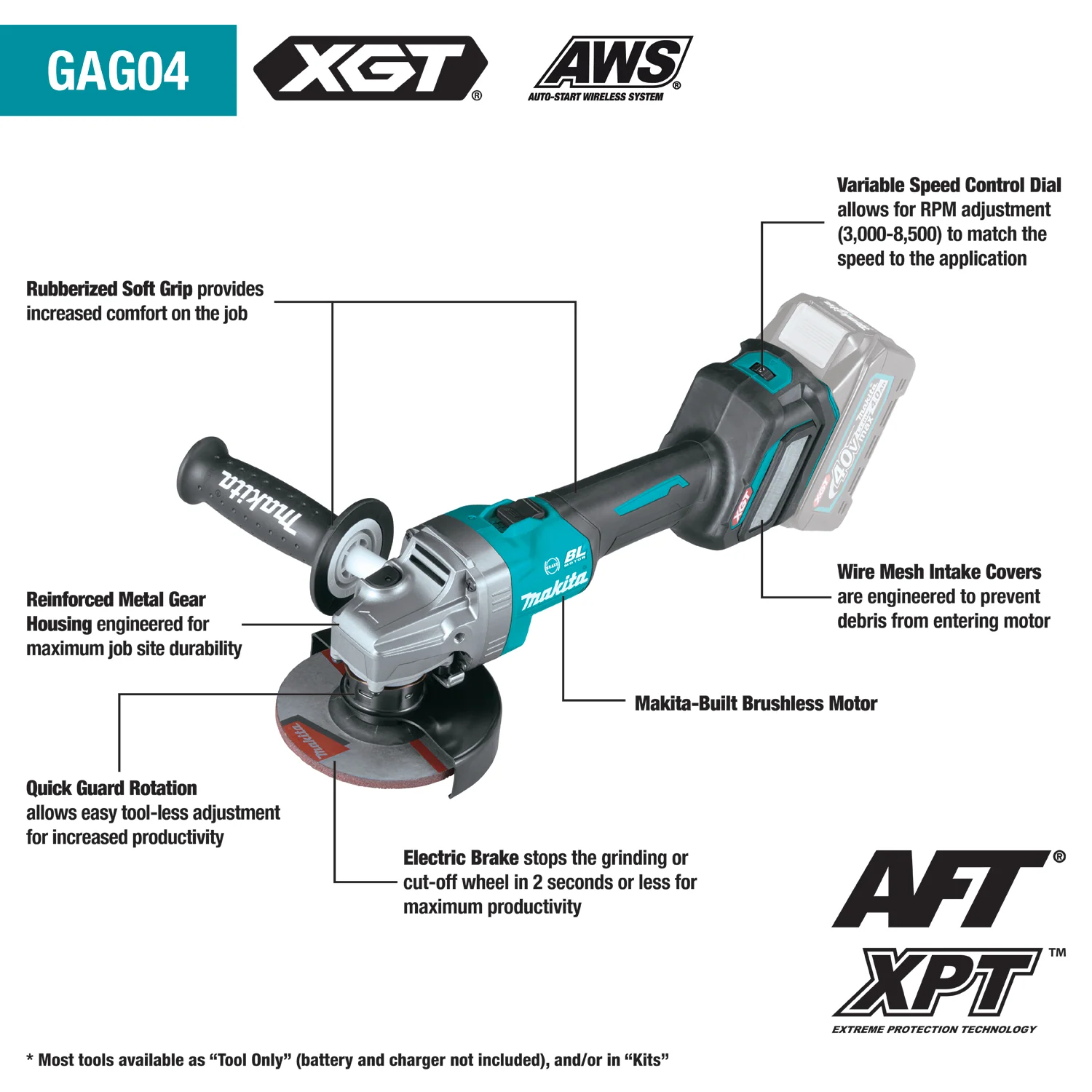 Makita GAG04Z 40V max XGT Brushless Cordless 4‑1/2” / 5" Angle Grinder, with Electric Brake, AWS Capable (Tool Only) - Image 2
