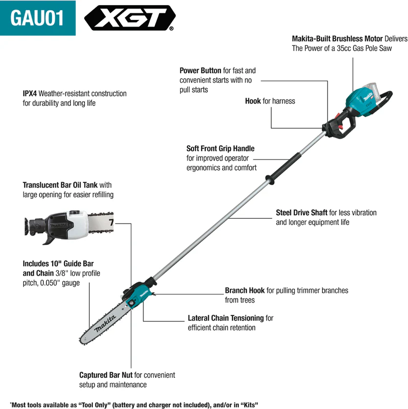 Makita (GAU01T) 40V MAX XGT Brushless Cordless 10" Pole Saw Kit, 8' Length (5.0Ah) - Image 7