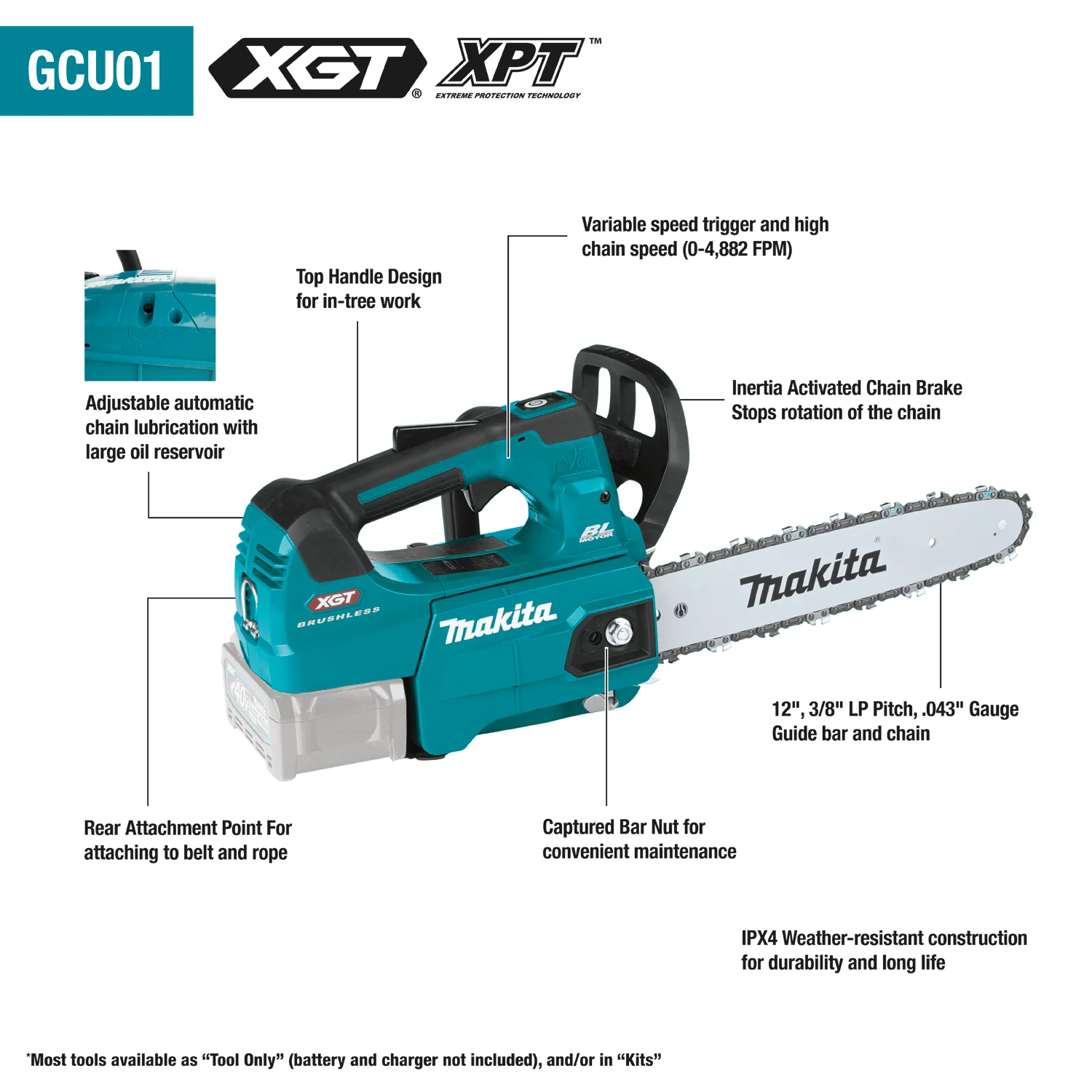 Makita GCU01M1 40V MAX XGT Brushless Cordless 12 In. Top Handle Chain Saw Kit - Image 9