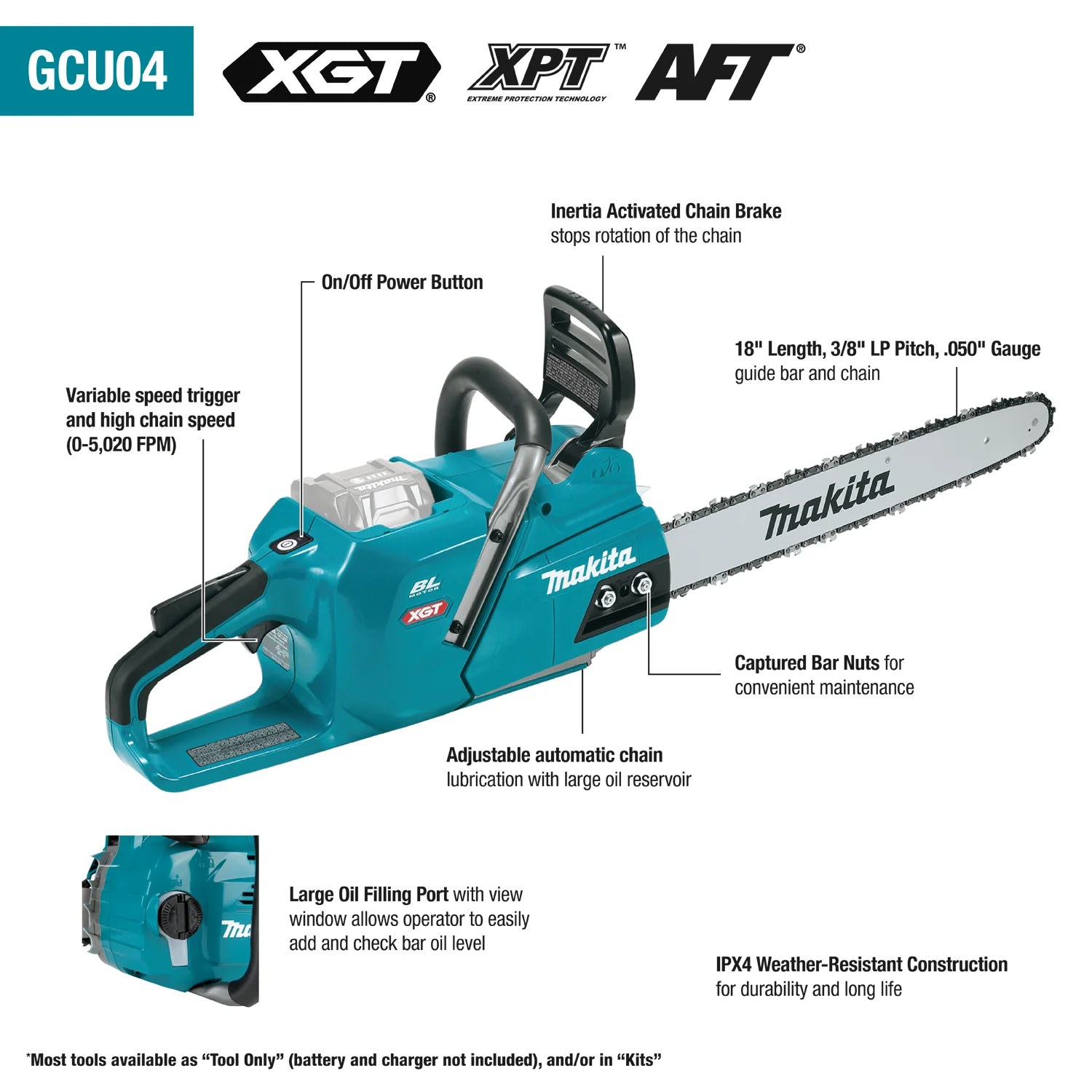 Makita GCU04T1 40V MAX XGT Brushless Cordless 18" Chain Saw Kit (5.0Ah) - Image 4