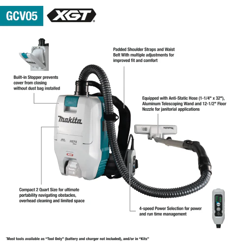 Makita GCV05ZX 40V max XGT Brushless Cordless 2 Quart HEPA Filter Backpack Dry Vacuum, Tool Only - Image 2