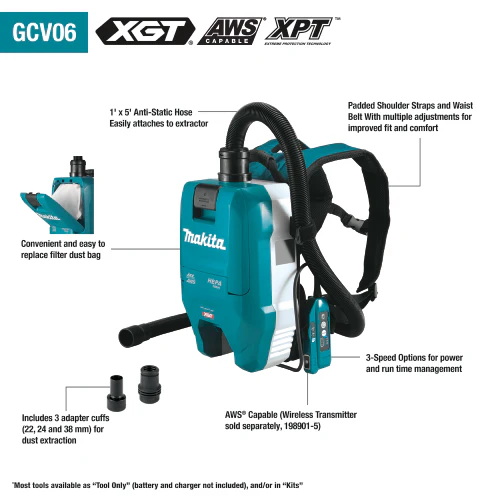 Makita (GCV06T1) 40V max XGT Brushless Cordless 1/2 Gallon HEPA Filter Backpack Dry Dust Extractor Kit, AWS Capable (5.0Ah) - Image 4