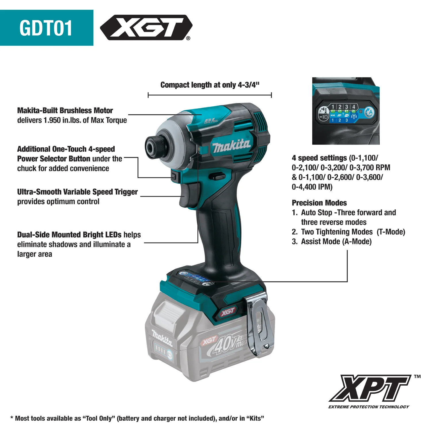 Makita GDT01Z 40V Max XGT Brushless Cordless 4‑Speed Impact Driver (Bare Tool) - Image 2