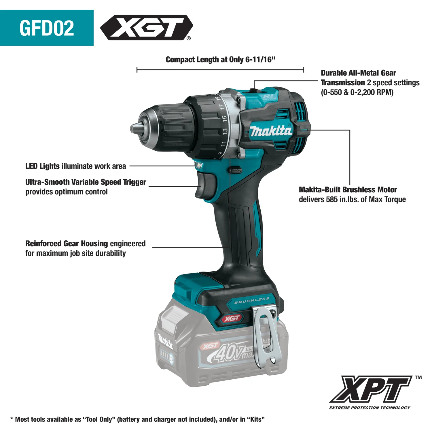 Makita 40V Max XGT Compact Brushless Cordless 1/2" Driver‑Drill (Bare Tool) - Image 2