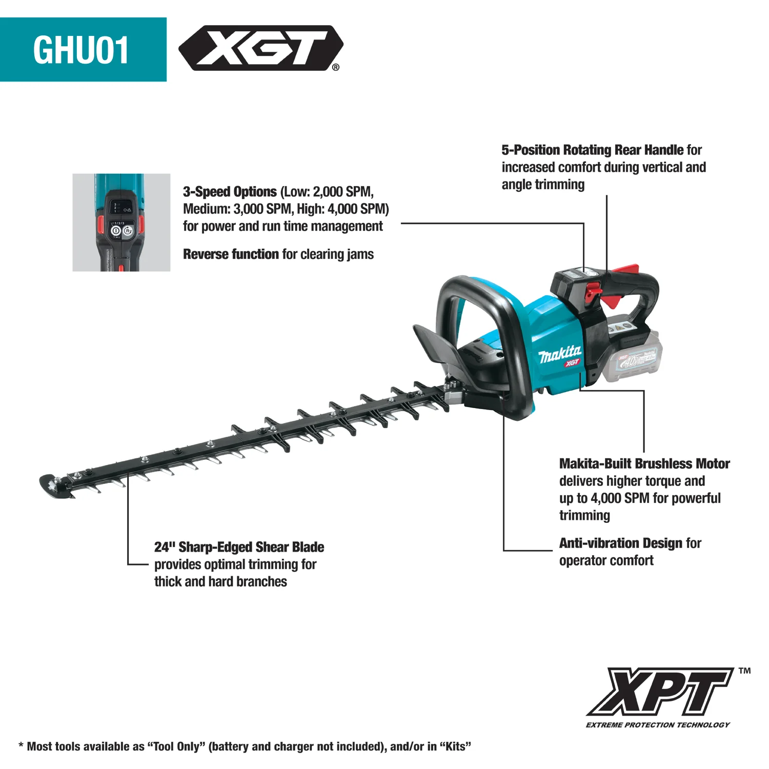 Makita GHU01M1 40V max XGT Brushless Cordless 24" Rough Cut Hedge Trimmer Kit (4.0Ah) - Image 3